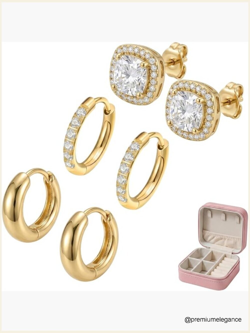 3-Pair Hypoallergenic Gold Hoop Earring Set with Cubic Zirconia and Leather Case